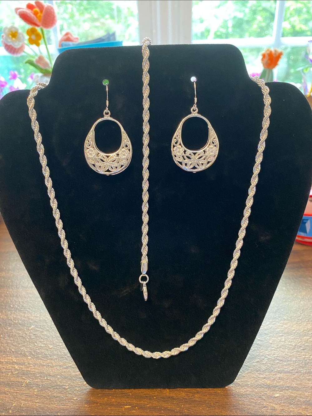 New 925 Sterling Silver Twisted Chain Necklace, Earrings, & Bracelet Set
